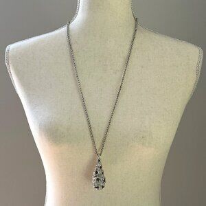 Vintage Monet Abstract Modernist Long Silver Tone Teardrop Pendant Necklace 34"